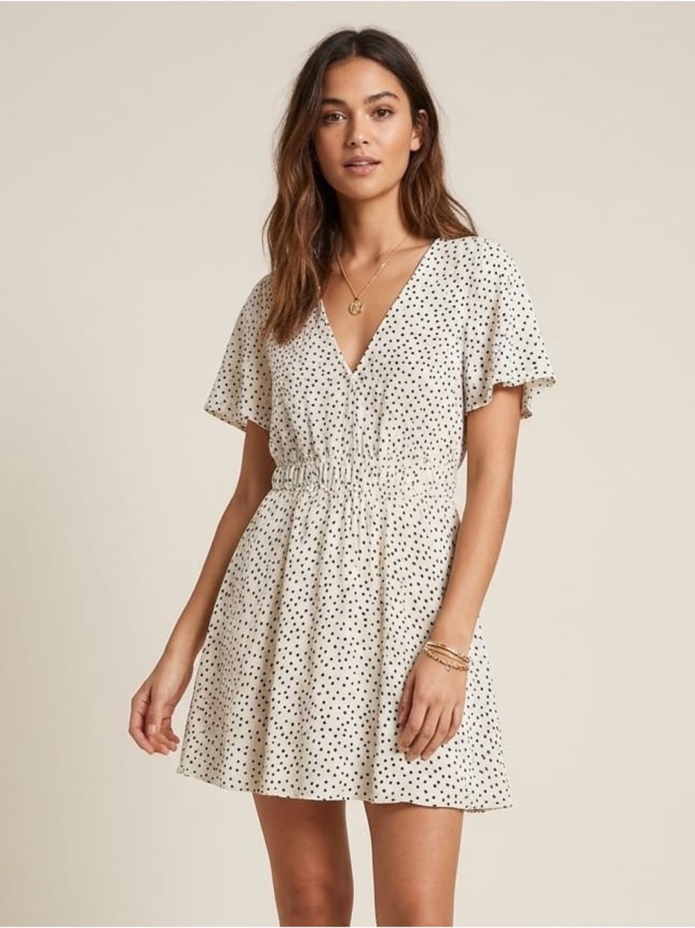 Zara White Black Polka Dot Mini Dress V-Neck Flutter Short Sleeve Size Small
